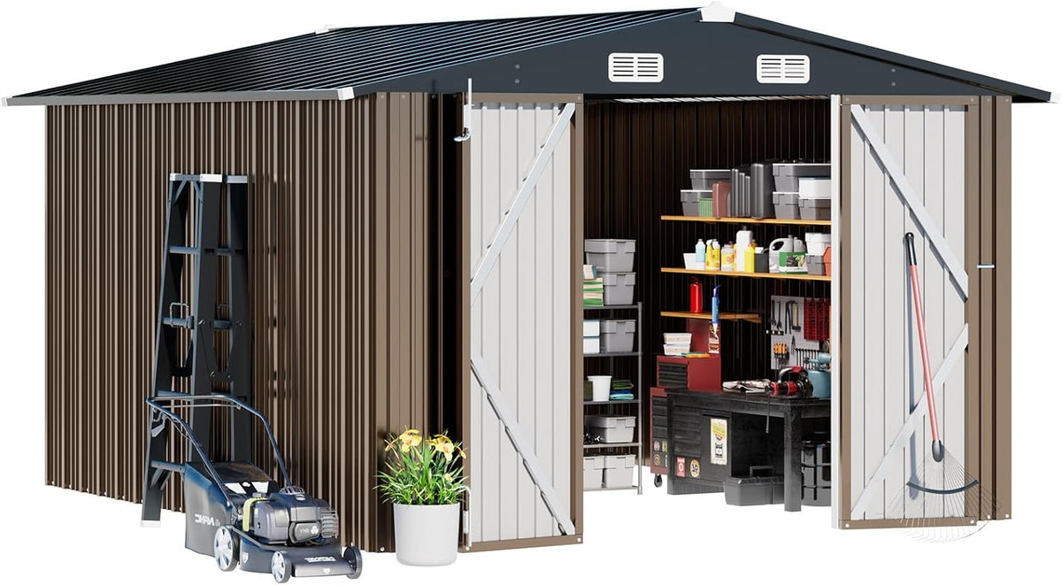COMHOMA Shed Outdoor Storage Shed Metal,Lockable Doors Tool Sheds with Sloping Roof,Steel Garden Shed with Air Vent for Backyard,Patio,Lawn,Poolside (Brown, 10'*12')