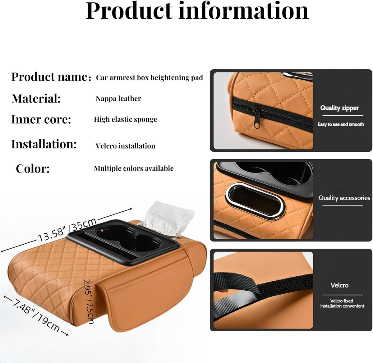 Car Center Console Cover Booster Multifunctional Car Center Console Cushion Pad with Cup Holder & Tissue Box & Side Pockets Arm Rest Cover for Car, Quilting, Black