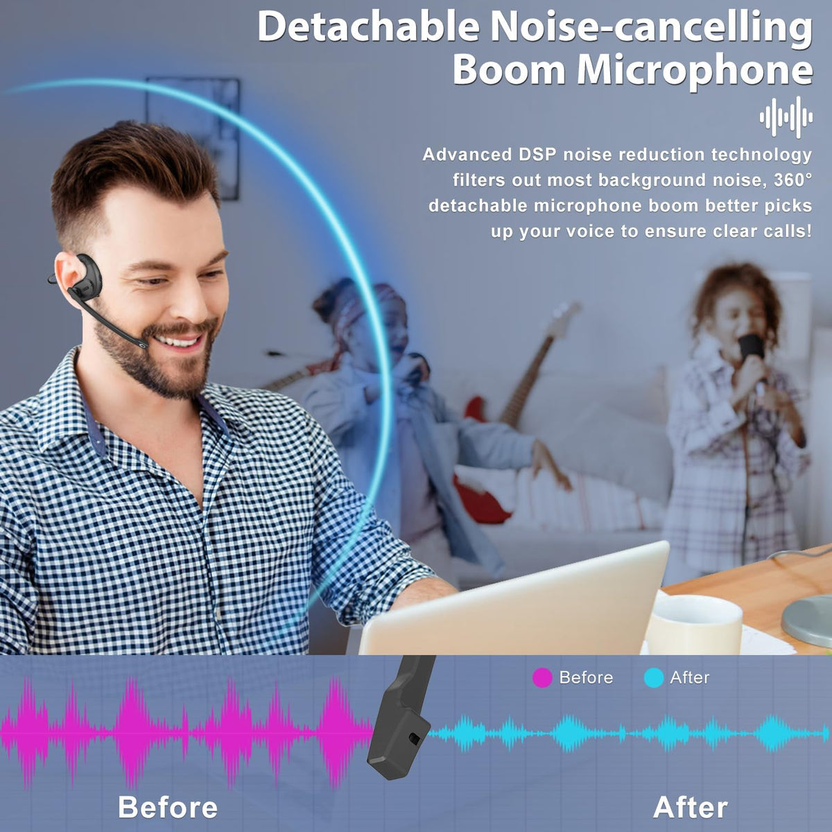 Trucker Bluetooth Headset, Open Ear Headphones with Detachable Noise Cancelling Mic, Wireless V5.3 Computer Headset with Boom Mic for Skype Zoom Face Time
