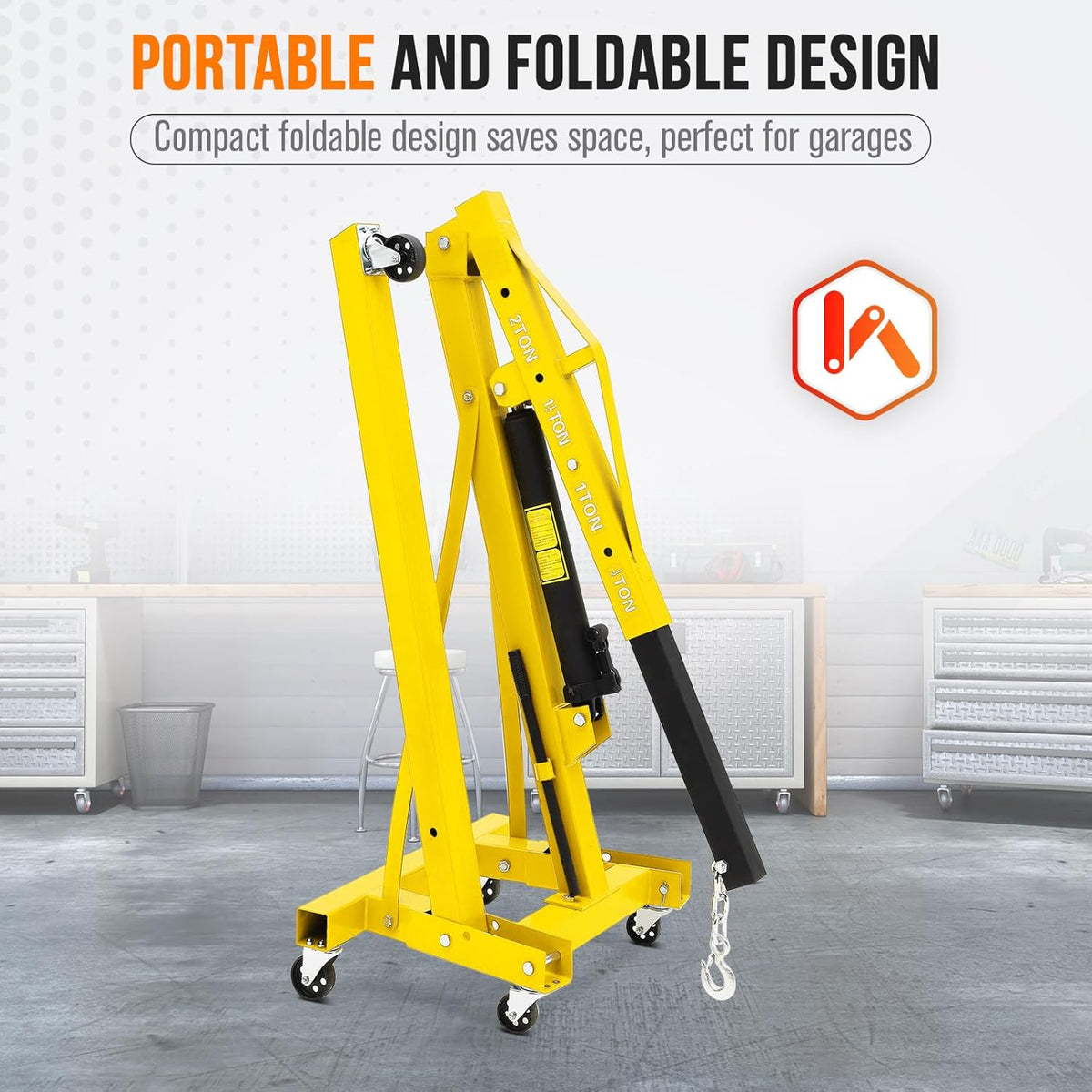 2 Ton Hydraulic Engine Hoist with Lever Stabilizer , Cherry Picker Engine Hoist, 4400LBS Heavy Duty Garage Crane with 6 Swivel Casters & Adjustable Telescopic Boom, for Auto Repair & Workshop (Yellow)