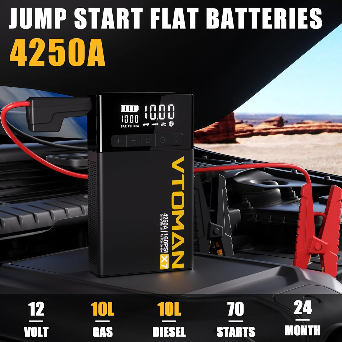VTOMAN X7 Jump Starter with Air Compressor, 4250A Portable Car Jumper with 160PSI Digital Tire Inflator,12V Lithium Battery Charger Booster Box with Type-C Quick Charge (Up 10L Gas/10L Diesel Engine)