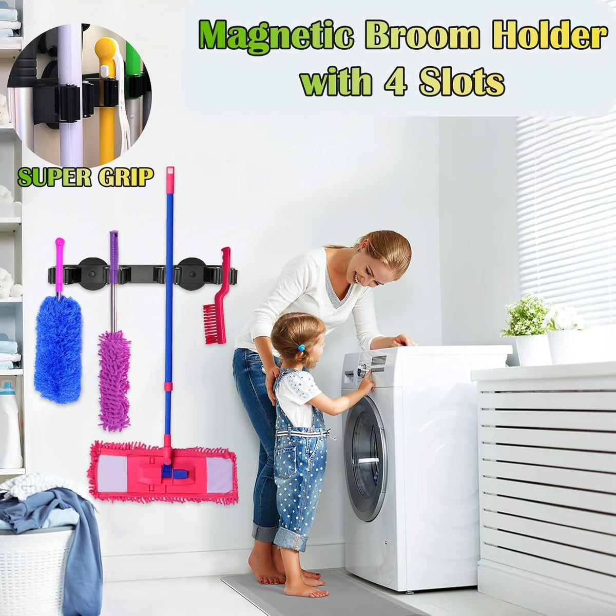 Strong Magnetic Mop Broom Holder, Heavy Duty Magnetic Mop Hanger for Refrigerators, Magnet Wall Mount Broom Holder for Cleaning Tools, Anti-slip Storage Rack for Home Kitchen Workshop Laundry Garage