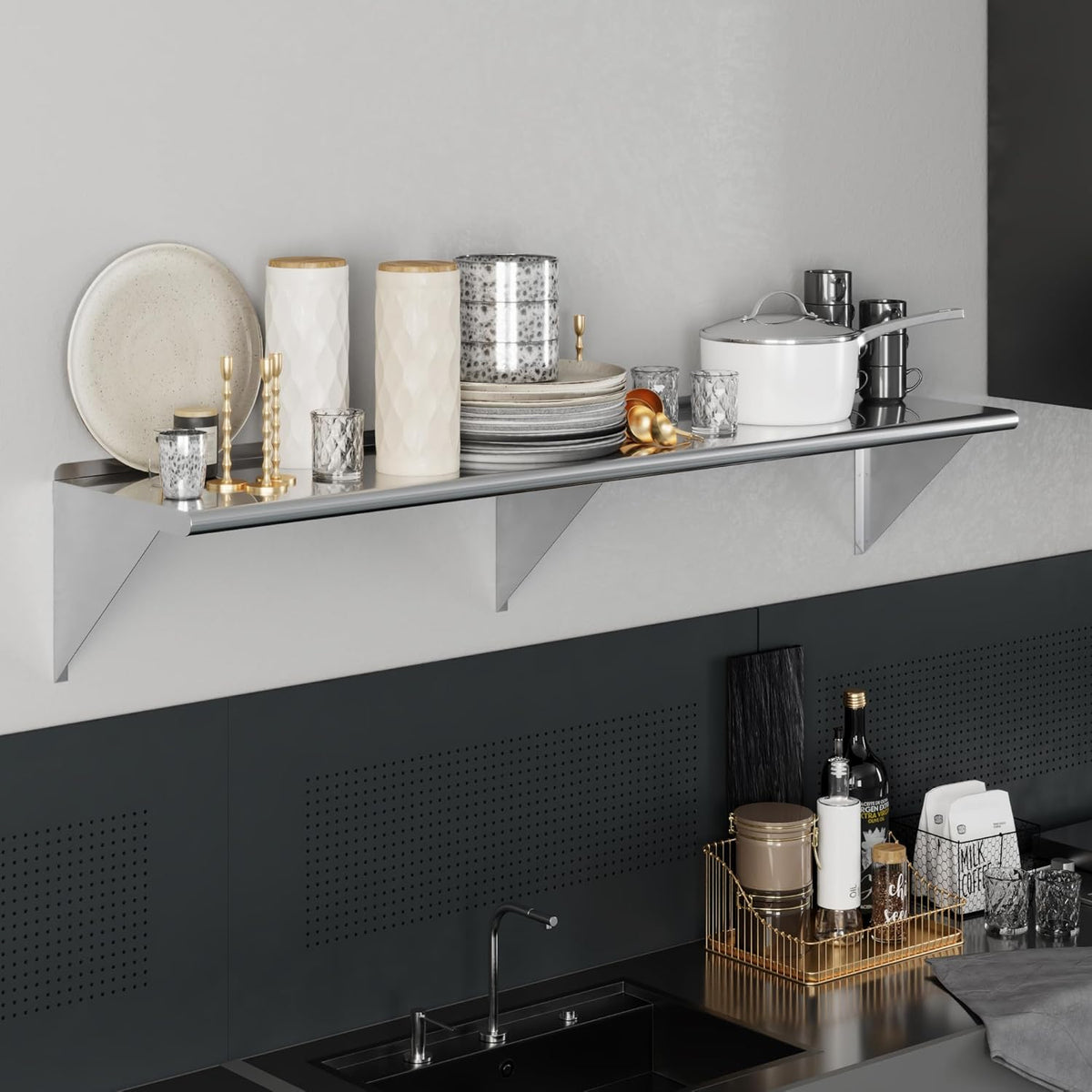 AmGood 72" Long X 16" Deep Stainless Steel Wall Shelf | NSF Certified | Appliance & Equipment Metal Shelving | Kitchen, Restaurant, Garage, Laundry, Utility Room