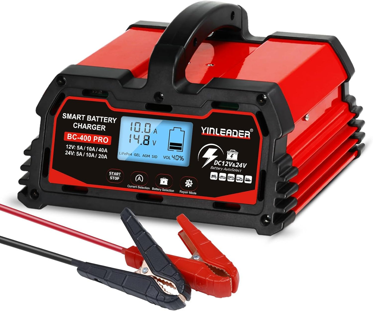 Battery Charger 40A, 12V/24V Lead Acid Smart Battery Charger, 12V LiFePO4 Car Battery Trickle Charger, Automatic Battery Maintainer for Car Motorcycle Lawn Mower Marine Boat Lead Acid Batteries