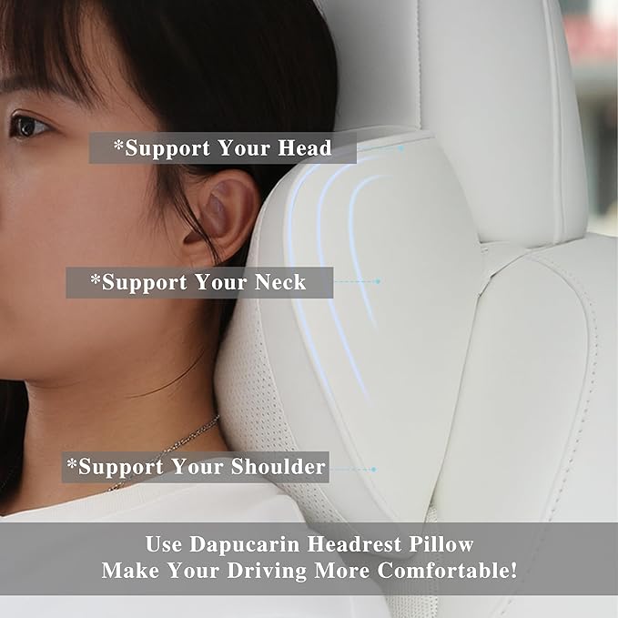 Car Headrest Pillow 100% Memory Foam, Breathable Removable Leather Cover, Premium Seat Support Head Neck Cushion for Driving Travel Home Office, White, 1 Pack