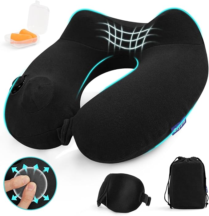 Inflatable Travel Neck Pillow for Airplane, Head Support Velvet Adult Neck Pillow for Long Flight, Kit with Eye Mask, Earplugs and Storage Bag,1, Black