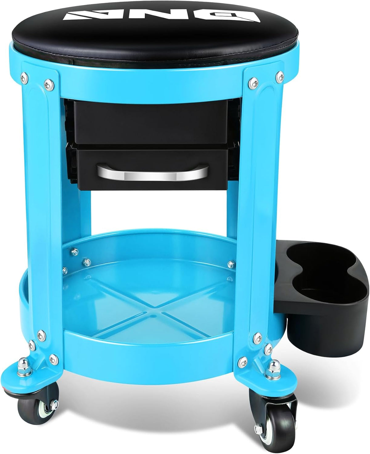 DNA MOTORING Round Mechanics Roller Seat Creeper Stool with Padded Cushion, Tool Storage Drawer & Tray, 300 Lbs Max Weight Capacity, Blue, TOOLS-00492