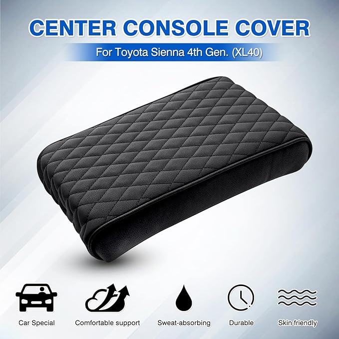 Autorder Center Console Cover for Toyota Sienna 2021-2025 2026 Accessories Memory Foam Armrest Cushion with Anti-Scratch Leather Protector Covers Black