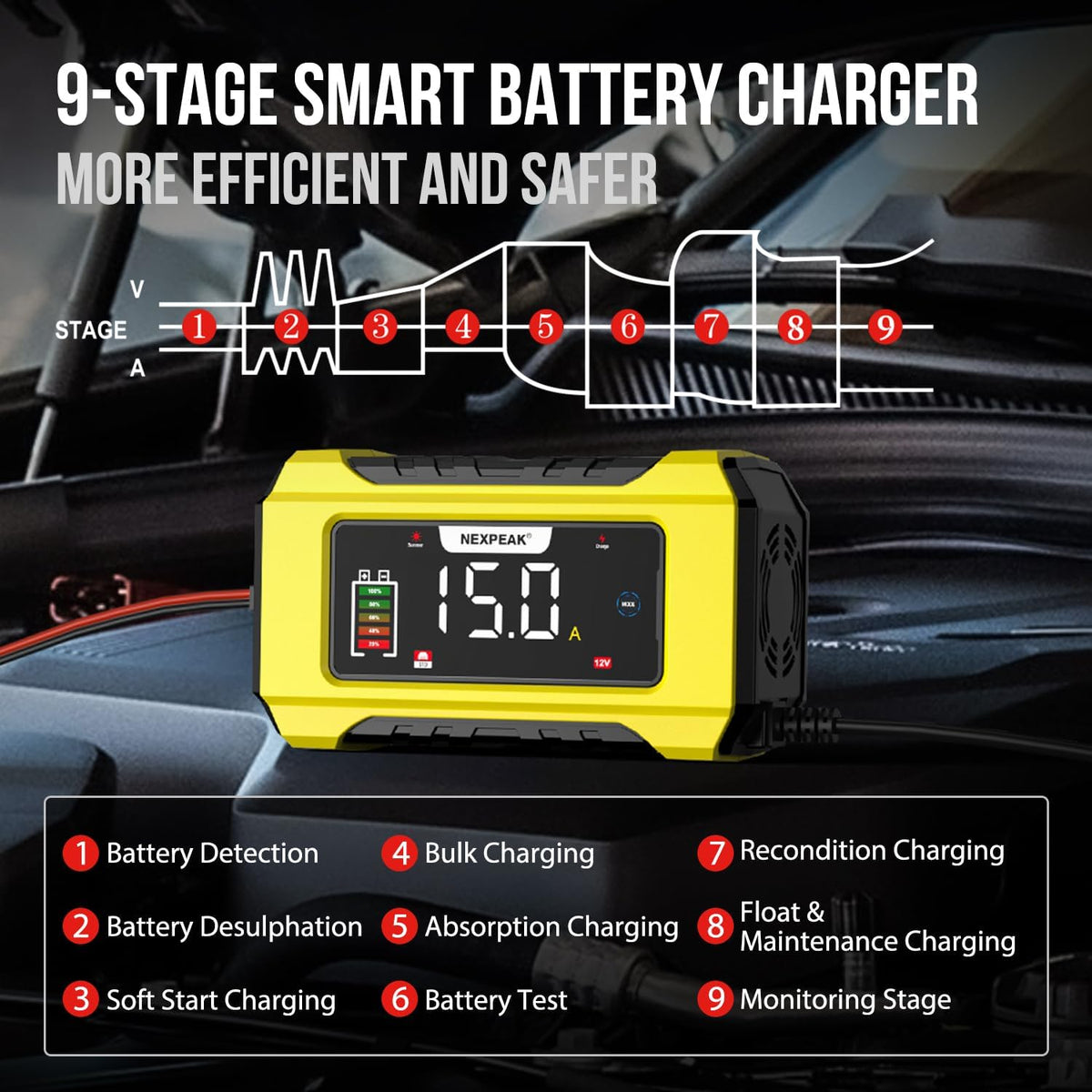 NEXPEAK NC215 15-Amp Battery Charger, Trickle Charger Car Battery Charger 12V 24V LiFePO4 Lead Acid Portable 9-Stage Smart Battery Maintainer w/Temp Compensation for Car Truck Lawn Mower Boat Marine
