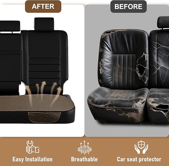 3 PCS Linen Car Seat Covers with Storage Pocket, Back Seat Covers Protectors with Non-Slip, Breathable Bench Seat Covers Universal Fit for SUVs, Cars, Trucks (Brown)