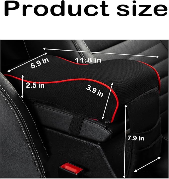Auto Center Console Armrest Pillow Pad, Car Armrest Cushion Soft Memory Foam with Phone Holder Storage, Pockets Bag Seat Cushion Universal Fit for Most Car (Black & Red)