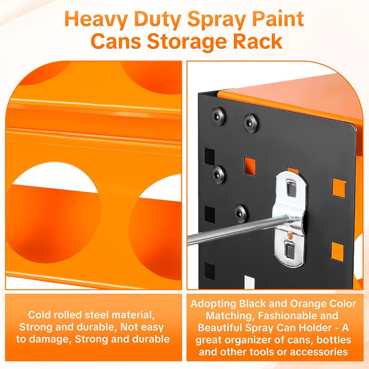 Heavy Duty Metal Spray Can Holder - Wall Mount or Countertop Spray Bottle Lube Can Organizer for Garage & Home & Workshop, Peg Board on Both Sides | 8 Can Holes & 6 Steel Hooks, 5 Plastic Hooks
