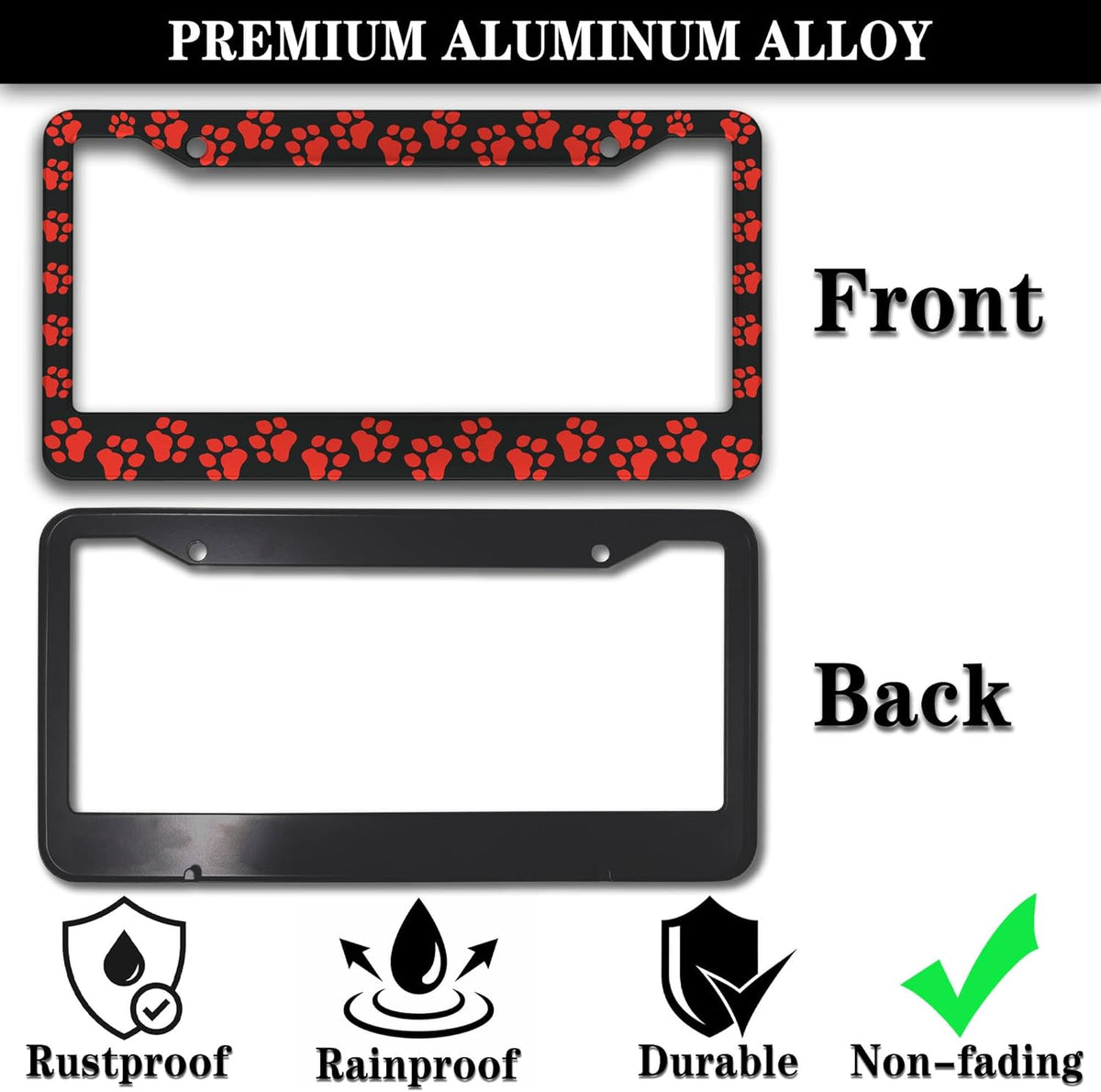 Custom License Plate Frame Black and Red License Plate Frames Animal Dog Paw Aluminum Metal Car Accessory 2 Pack with Screw Covers Set