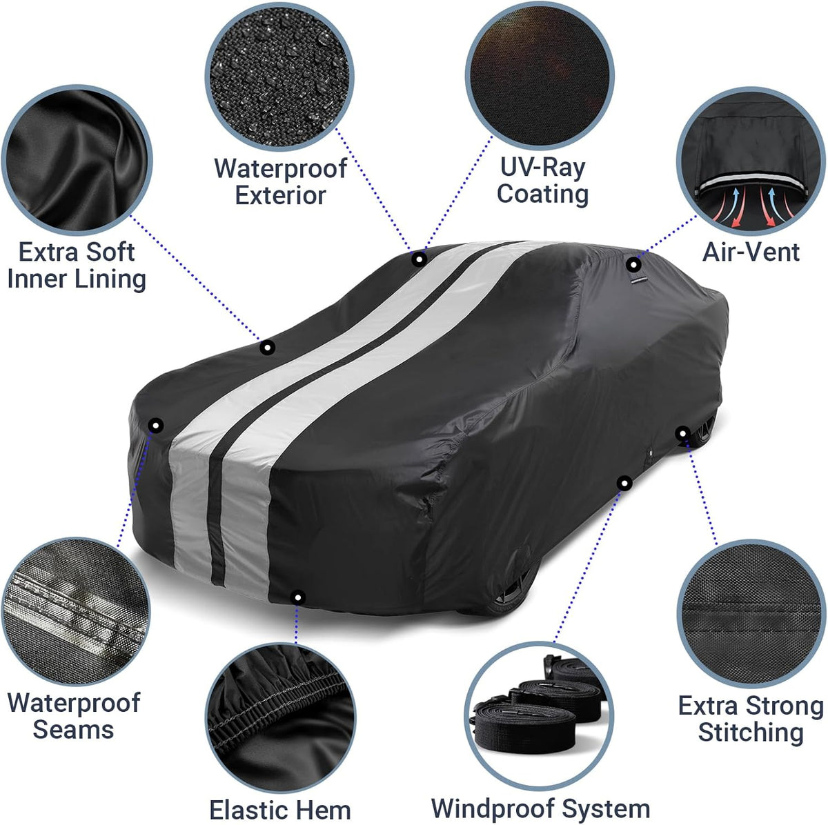 iCarCover Custom Car Cover for Chevy Malibu (1964-1972) Waterproof All Weather Rain Snow UV Sun Protector Full Exterior Indoor Outdoor Car Cover (Stripe - Black/Gray)