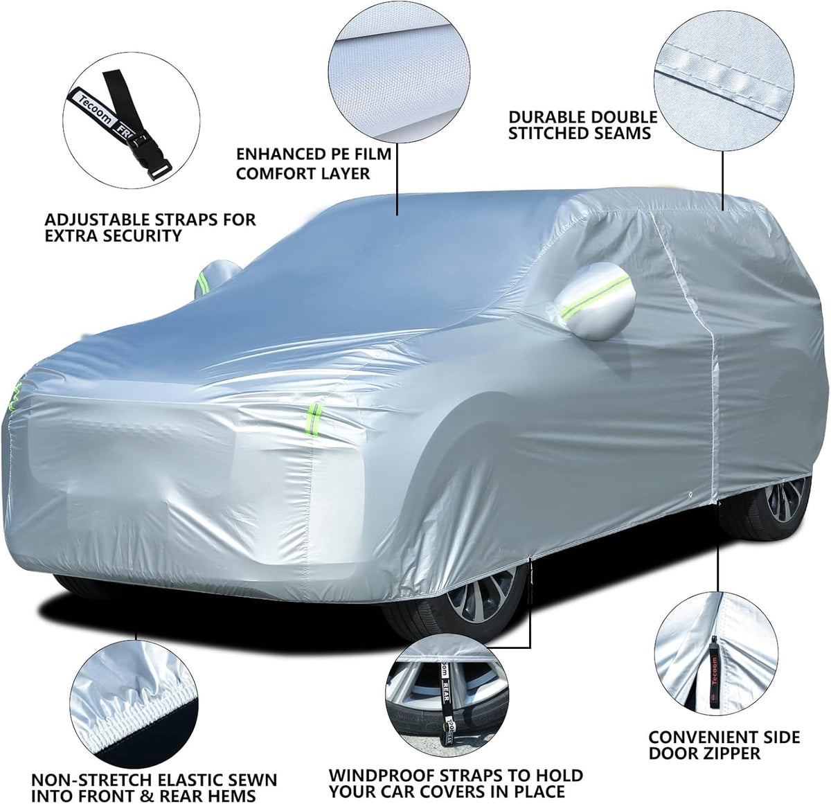 Tecoom Light Shell Breathable Material Classic Zipper Design Waterproof UV-Proof Windproof Car Cover for All Weather Outdoor Fit 170-190 inches SUV Fit for Tesla Model Y Toyota RAV4 Nissan Rogue etc