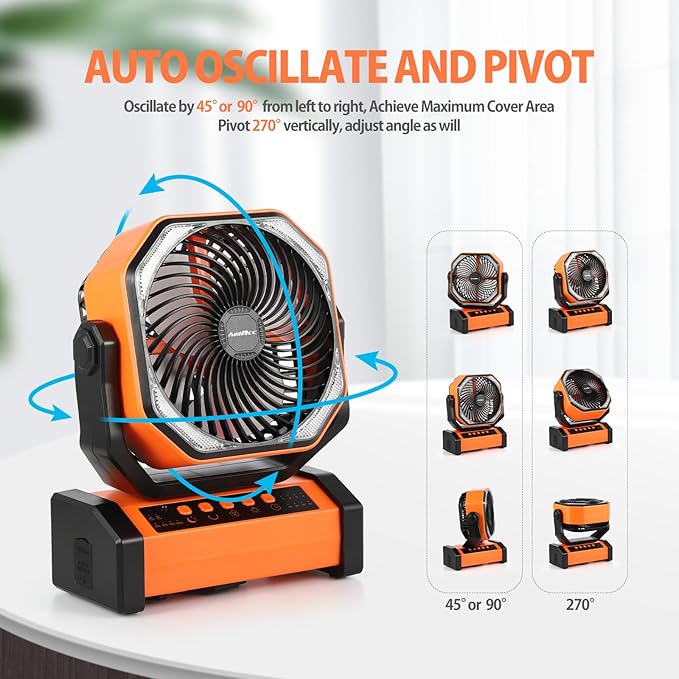 AddAcc 20000mAh Rechargeable Camping Fan - Battery Operated Fan with Light & Remote, Auto Oscillating, 4 Timer, 60 Hrs Work Cordless Tent Fan for Travel Outdoor RV Garage Power Outage Emergency