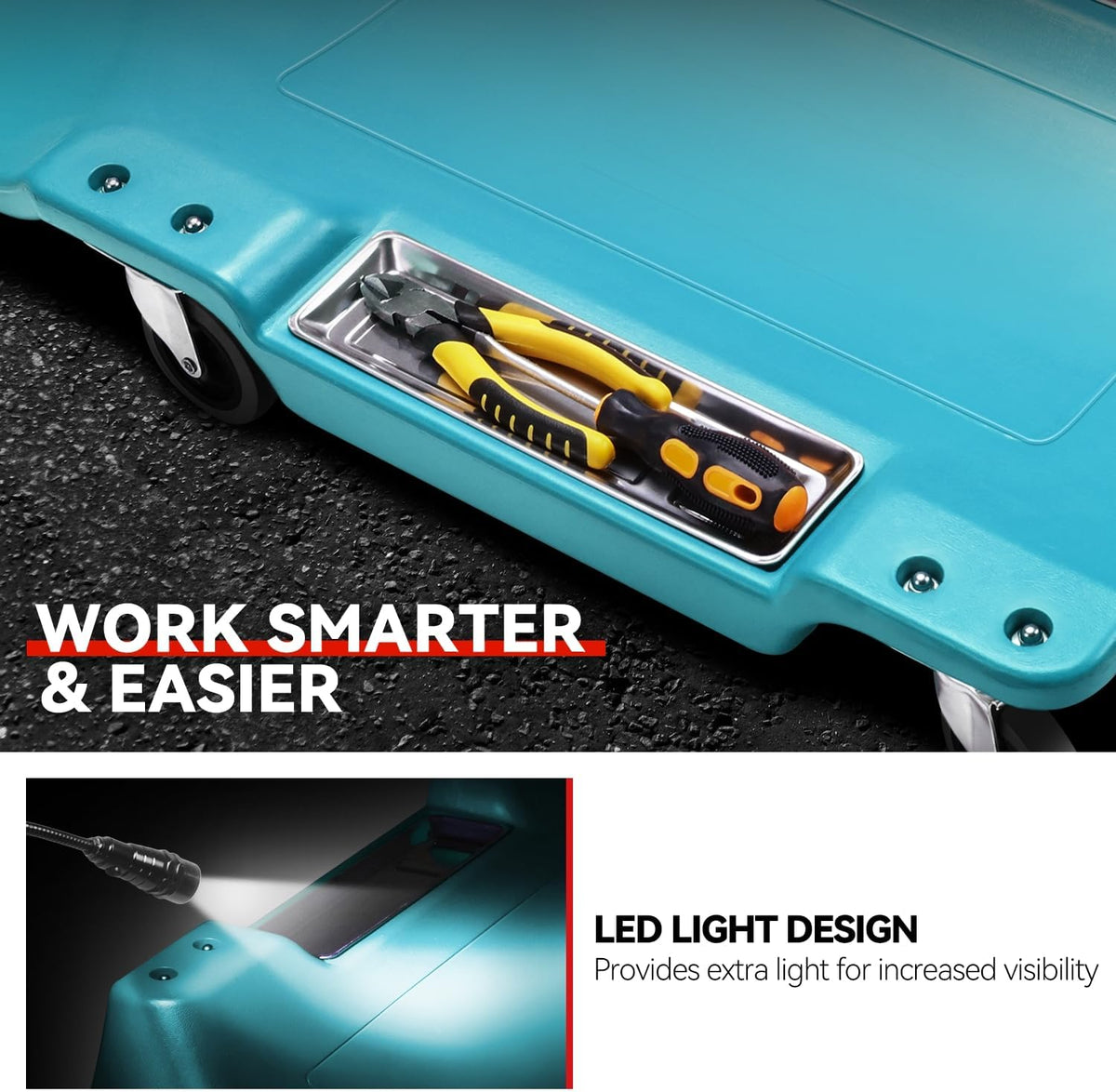 Auto Dynasty 40 Inches Mechanic Creeper, Automotive Garage Repair Low Profile Under Car Rolling Creeper with LED Light and Padded Headrest, Plastic, Sky Blue