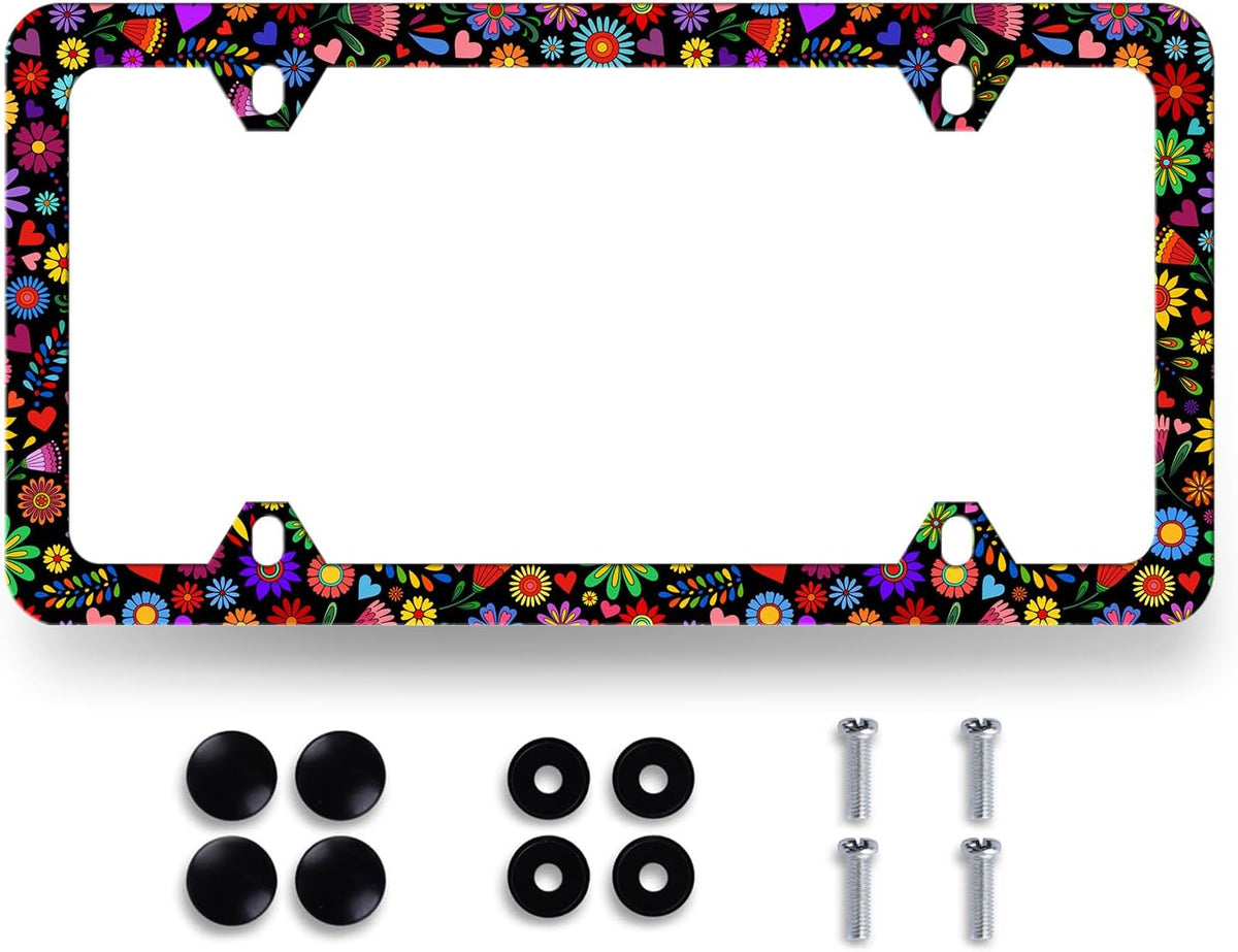 Abstract Flowers License Plate Frame Bright Colorful Art Floral License Plate Stainless Steel Flowers Car Accessory Funny License Plate Decoration Women Size 12.2" x 6.2" with Screws