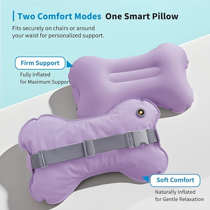 Mixtrend Travel Lumbar Pillow Inflatable Lumbar Support Pillow with Memory Foam, Back Support Pillow for Airplane Long Flight, Essential Travel Support Pillow for Women Men Kids（Lavender）