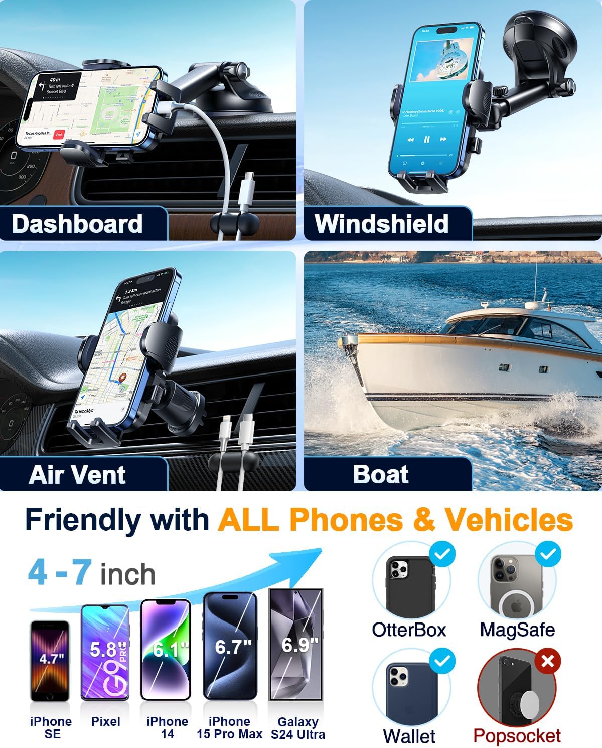 [True Military-Grade & 360 Degrees Rotatable Suction] 2025 YRU Ultimate Car Phone Holder Mount 【90+LBS Safest Strongest & Patent Certs】Dashboard Windshield Vent for iPhone 16 15 Pro Max Samsung, Blue