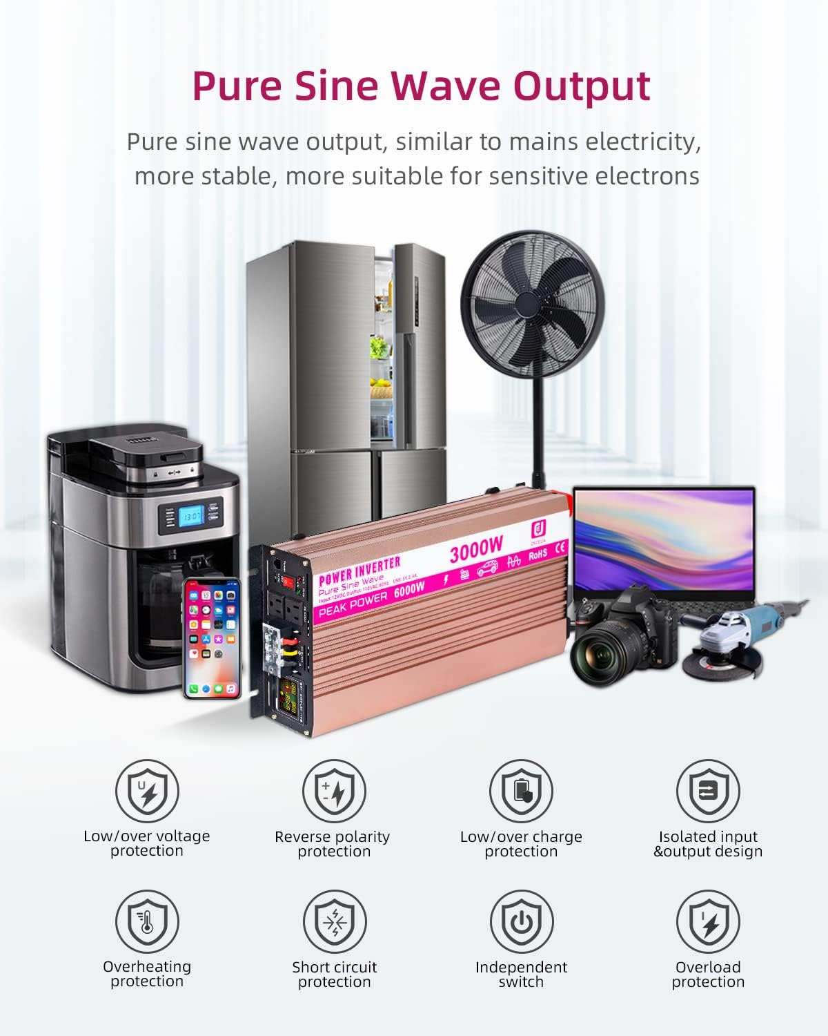 CEJIA Power Inverter 3000W Pure sine Wave ac car Inverter Peak 6000watt 12V DC to 110V 120V AC with led Display,Remote Controller,Dual AC Outlets and 2x2.4A USB Ports for RV,Solar System Emergency