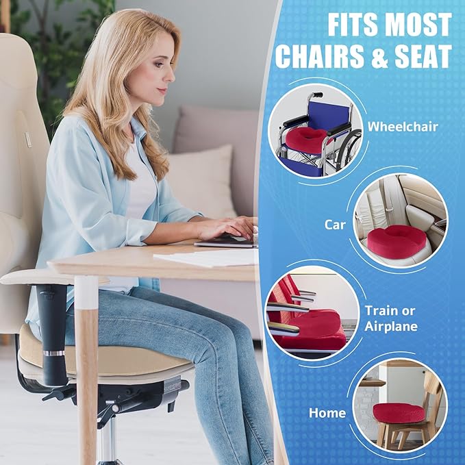 BlissTrends Donut Pillow Seat Cushion, Donut Chair Cushions for Postpartum Pregnancy & Hemorrhoids, Tailbone Pain Relief Cushion, Memory Foam Lifting Cushions for Office & Home Chairs (Red, XX-Large)