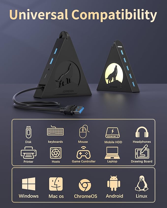 7-Port USB 3.0 Hub, Vertical USB Hub Splitter with RGB Lighting,5Gbps High-Speed Data Transfer and 2FT Extension Cable, Compatible with PC, MacBook, Laptop, PS5, Xbox, Flash Drive, Printer