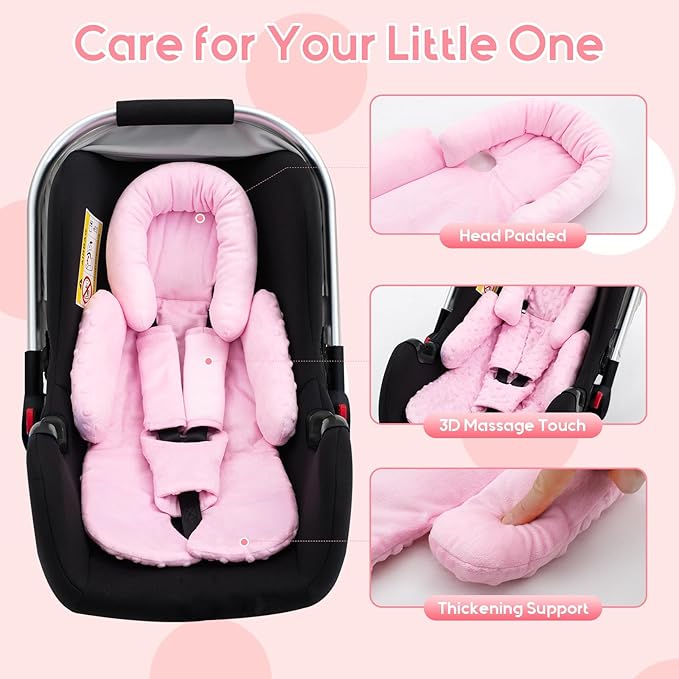 Infant Car Seat Insert with 3 Shoulder & Crocth Covers, Thickened Carseat Head and Body Support for Infant, Reversible Baby Car Seat Cushion for Boys Girls, Soft Mink Dot Newborn Insert for Preemie