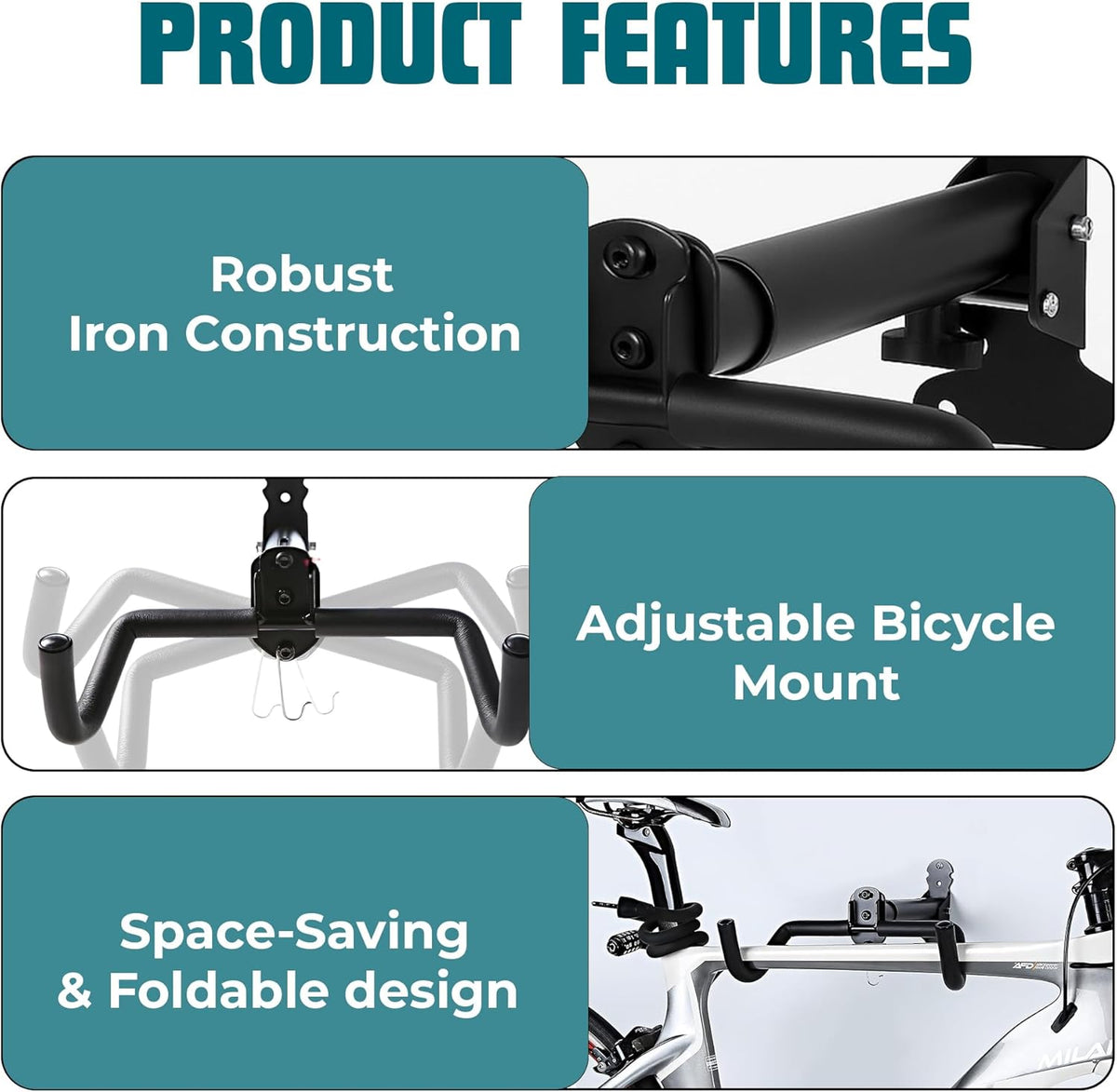 Bike Wall Mount, 1 Pack Bike Hanger, Foldable Bicycle Storage Horizontal Rack, Includes Bike Hook, for Garage, Indoor or Shed with Screws