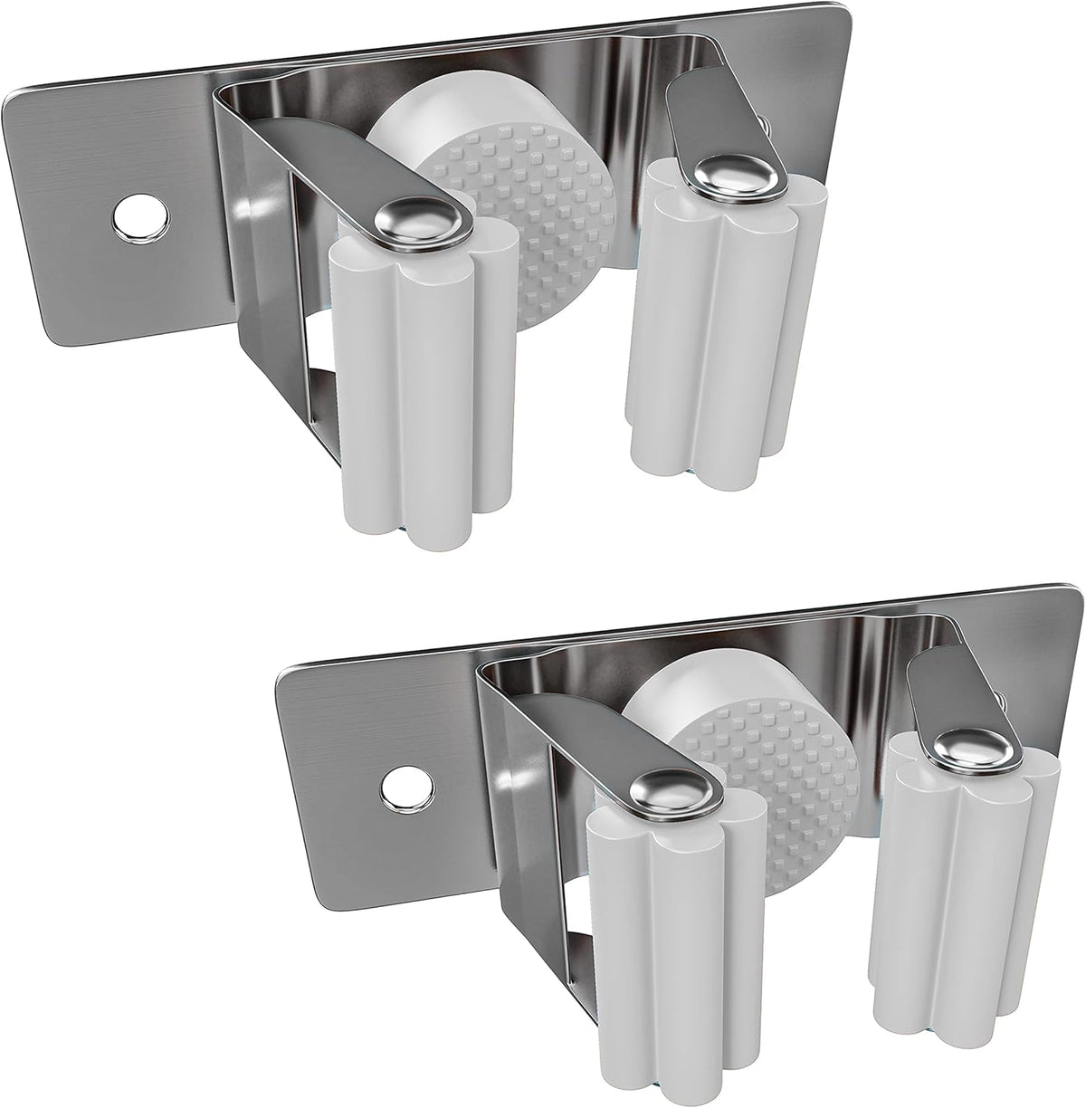 Self Adhesive Broom and Mop Holder Wall Mounted – SUS304 Stainless Steel 2-Slot Organizer with Anti-Slip Rubber Grips, 25lb Load, Adjustable for 0.6–1.4" Handles, Garage Kitchen Bathroom Use, 2 Pack