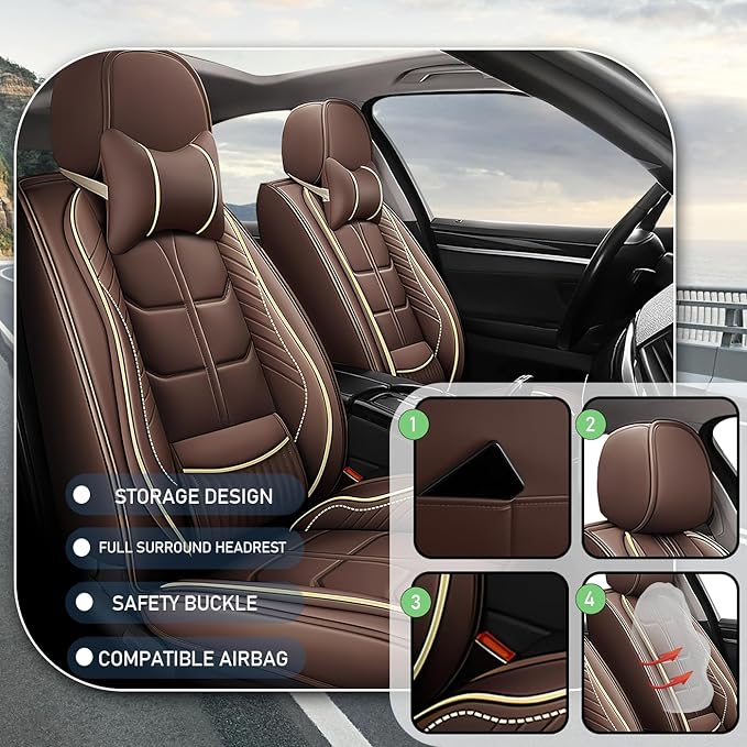 Leather Car Seat Covers Fit for Toyota Avalon 1996-2024, 5 Seater Car Seat Cover, Premium Waterproof, Scratch Resistant Car Interior Accessories (Full Set with Pillow Coffee)