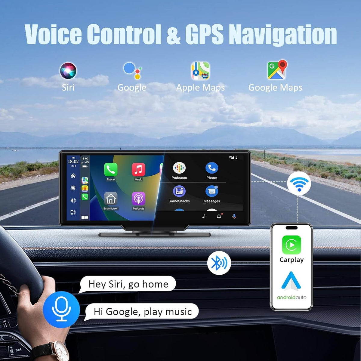 Wireless Carplay Screen, 10.26"Portable Car play & Android Auto Touch Screen, Bluetooth Double Din Car Stereo with 4K Dash Cam,1080P Backup Camera/Mirror Link/Voice Control/GPS/AUX/FM for All Vehicles