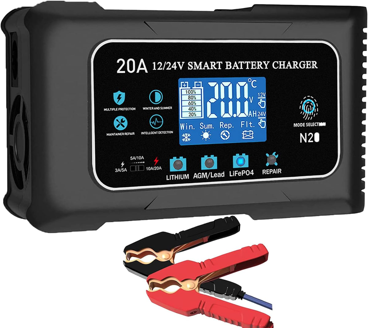 20-Amp Lifepo4 Lithium AGM Gel Smart Battery Charger, 12V/20A 24V/10A Trickle Charger, Maintainer for car Boat Motorcycle, Lawn Mower