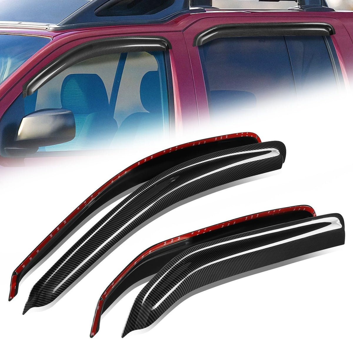Auto Dynasty 4Pcs Carbon Fiber Pattern Window Visors Compatible with 2005-2015 Nissan Xterra, Tape-On Front & Rear Window Deflectors Rain Guards Sun Wind Air Side Vent Shade, Glossy Black