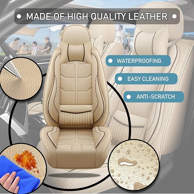 Leather Car Seat Covers Fit for Toyota Echo 2000-2005, 5 Seater Car Seat Cover, Premium Waterproof, Scratch Resistant Car Interior Accessories (Full Set with Pillow Beige)