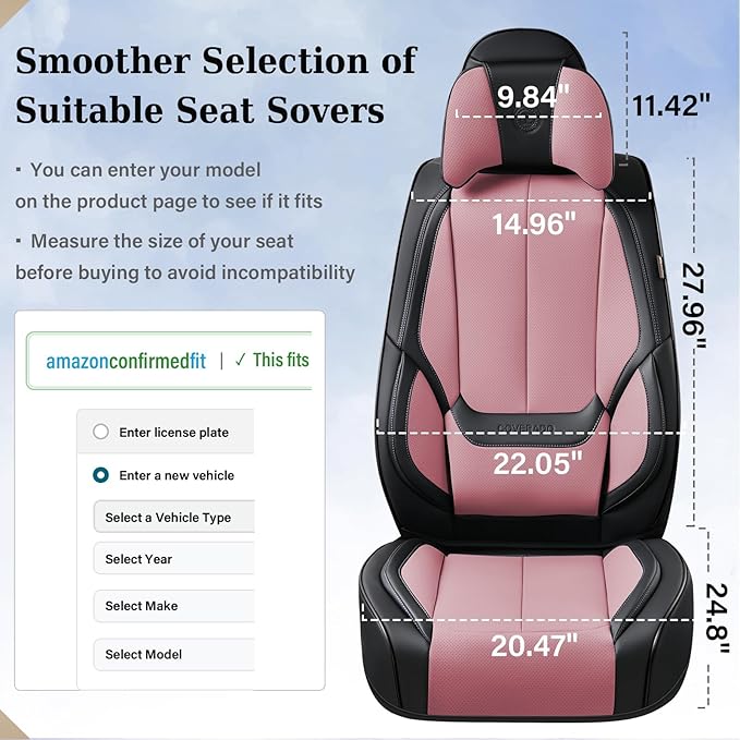 Coverado Universal Seat Covers Front, 2-Pack Universal Seat Covers for Cars, Waterproof Nappa Leather Car Seat Covers with Head Pillow, Auto Protectors Fit for Most Sedans Pick-up Truck-Black&Pink