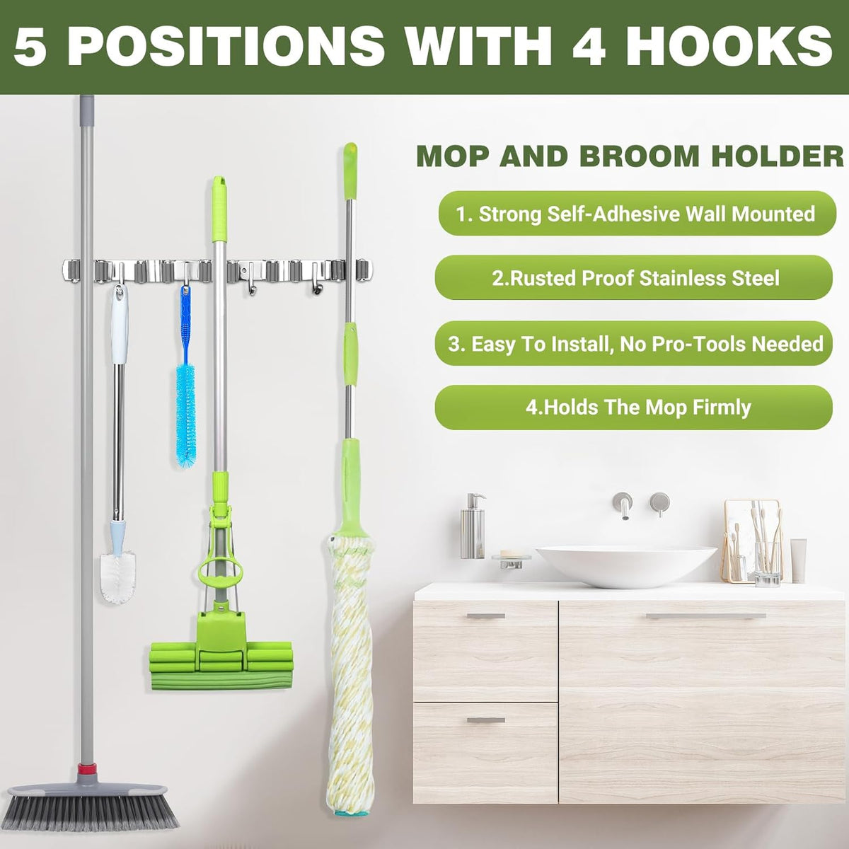 Broom Holder Wall Mount, Broom Organizer Wall Mount Stainless Steel Broom and Mop Hanger Heavy Duty Storage Organization for Home Kitchen Garden Garage Room 5 Racks 4 Hooks (2PACK)(Grey Racks)