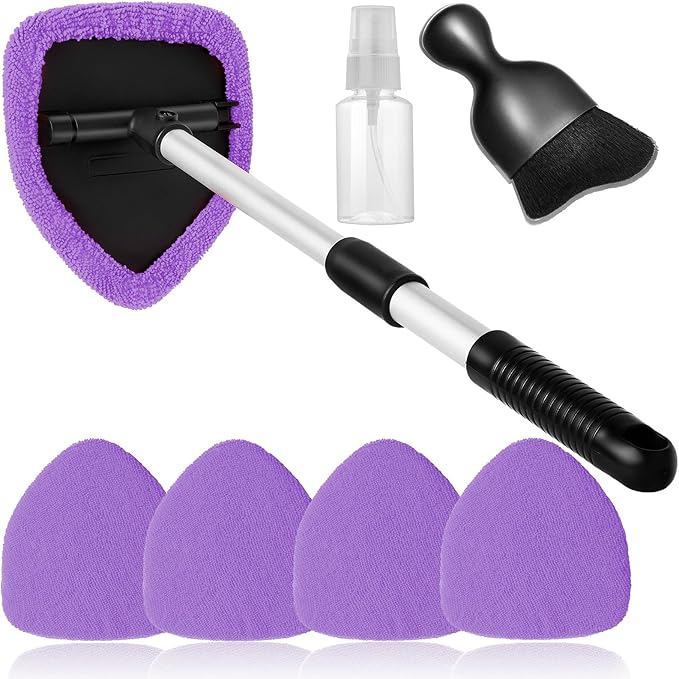Qydipclin 7pcs Windshield Cleaner Tool Car Window Cleaning Wash Kit with 4 Reusable Microfiber Pads 1 Spray Bottle and Extendable Handle Auto Glass Wiper Kit, Purple