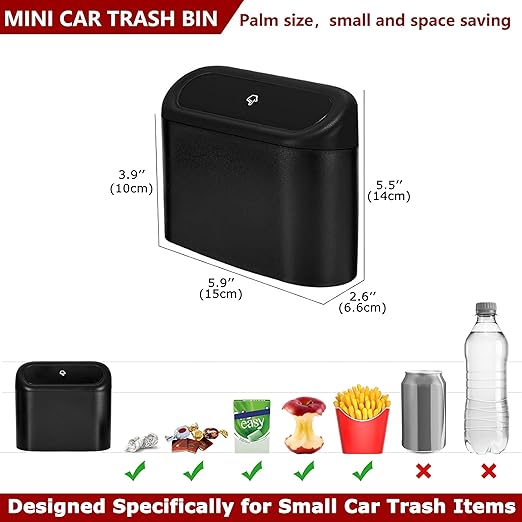 Ginsco 2 Pack Mini Car Trash Can with Lid, Small Car Garbage Can, Cute Leakproof ABS Trash Bin, Cars Accessories for Interior, Garbage Bin for Car, Home, Office with 120pcs Trash Bags Black