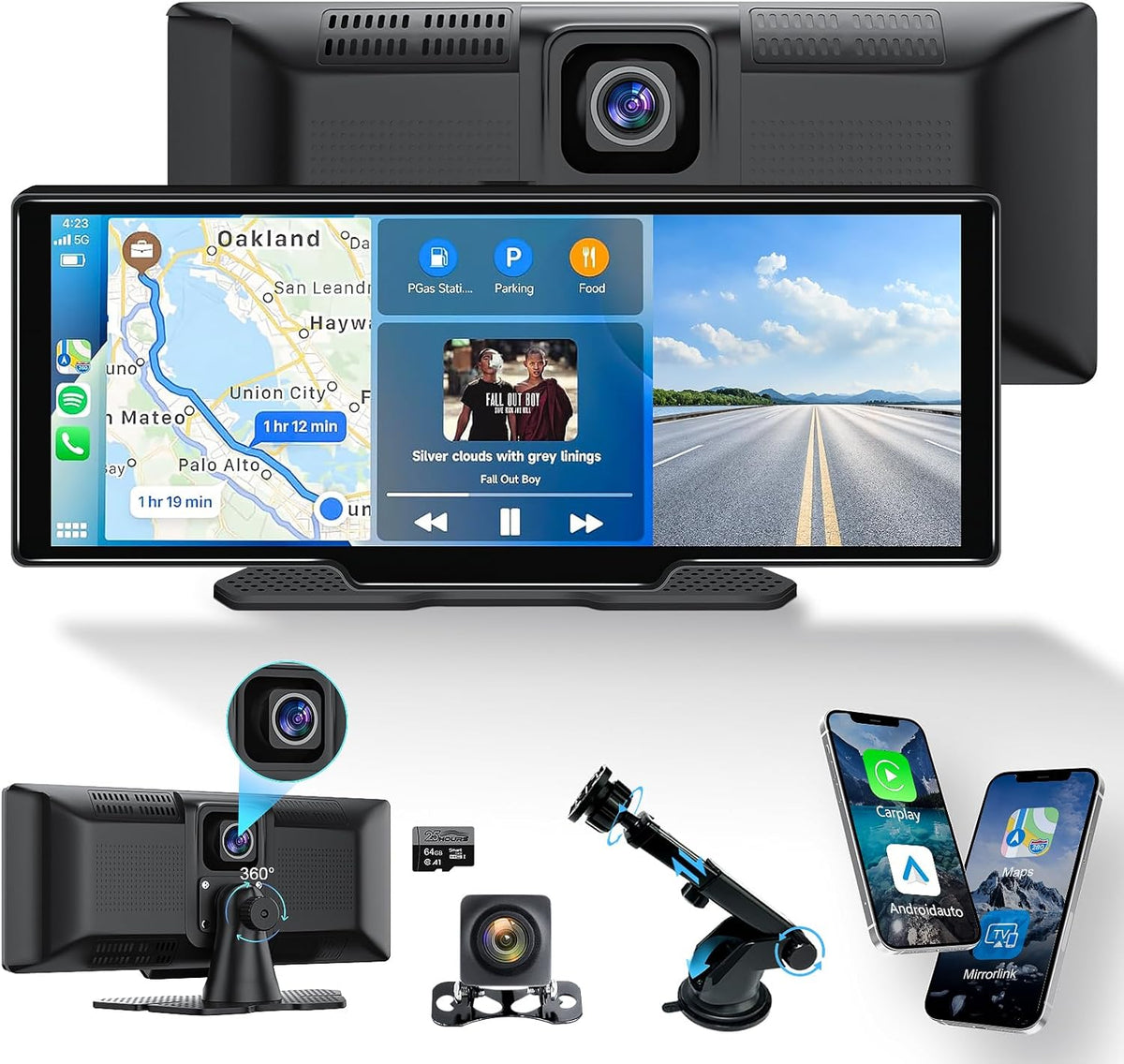 Portable Carplay Screen 10.26'' HD IPS Apple Carplay & Android Auto Screen for Car, Wireless Car Play Stereo with 4K Dash Cam/1080P Rear Camera, Car Audio Receivers,GPS Navigation,Mirror Link,FM,Siri