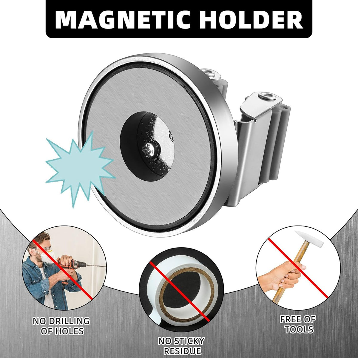 4 Pcs Magnetic Mop Broom Holder Movable Magnetic Broom Holder Rack, Anti Slip Wall Mounted Utility for Cleaning Tools, Garage, Kitchen, Laundry, Garden (Silver)