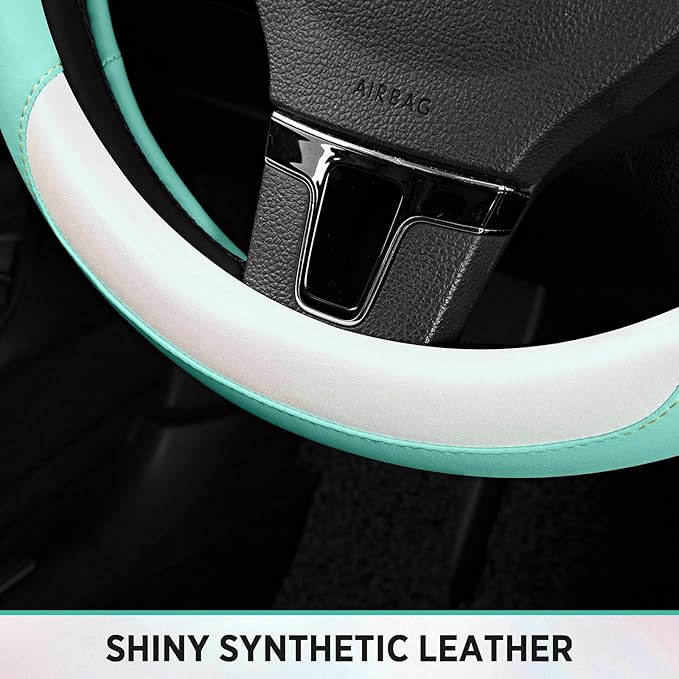 Road Comforts Steering Wheel Cover – Breathable Leather Steering Wheel Cover, Anti-Slip Grip, Universal Fit 14.5” to 15”, Heat & Cold Resistant for Cars, SUVs, and Trucks –Shining White & Mint