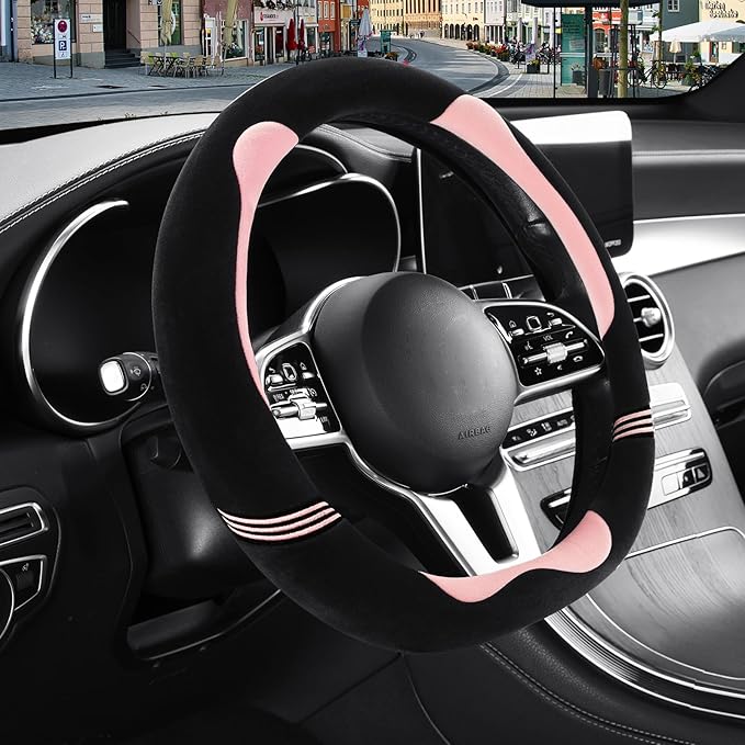 14 inch Furry Cute D Shaped Steering Wheel Cover, Soft Fluffy Short Plush Auto Accessories, Non-Slip Cold-Proof Sweat-Proof Colorfast(Black with Pink)
