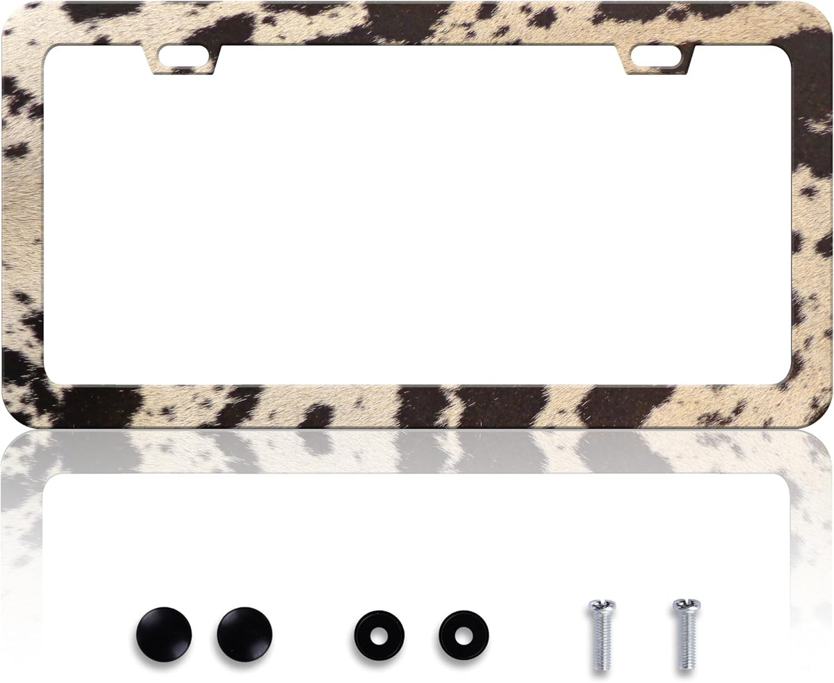 Brown Cow Print License Plate Frame Animal License Plate Frames Personalise Stainless Steel Funny Design Compatible with Standard License Plate Holder for USA Canada 6 X 12 Inch with Screws