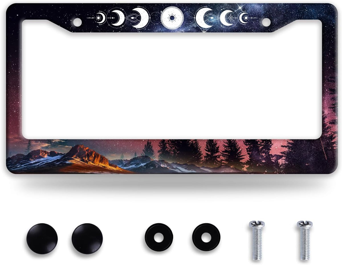 Moon Phases License Plate Frame Starry Sky Forest Moon License Plate Frames Funny Auto Accessories Bracket Stainless Steel License Plate 6.3x12.3 Inch for Women Men