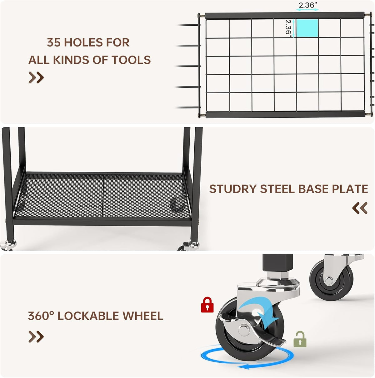 Hadulcet Garden Tool Organizer, Metal Garage Organization and Storage with Lockable Wheels, Garden Tool Rack with Storage Hooks, Heavy Duty Yard Tool Organizer for Garage, Shed, Lawn, Outdoor, Black