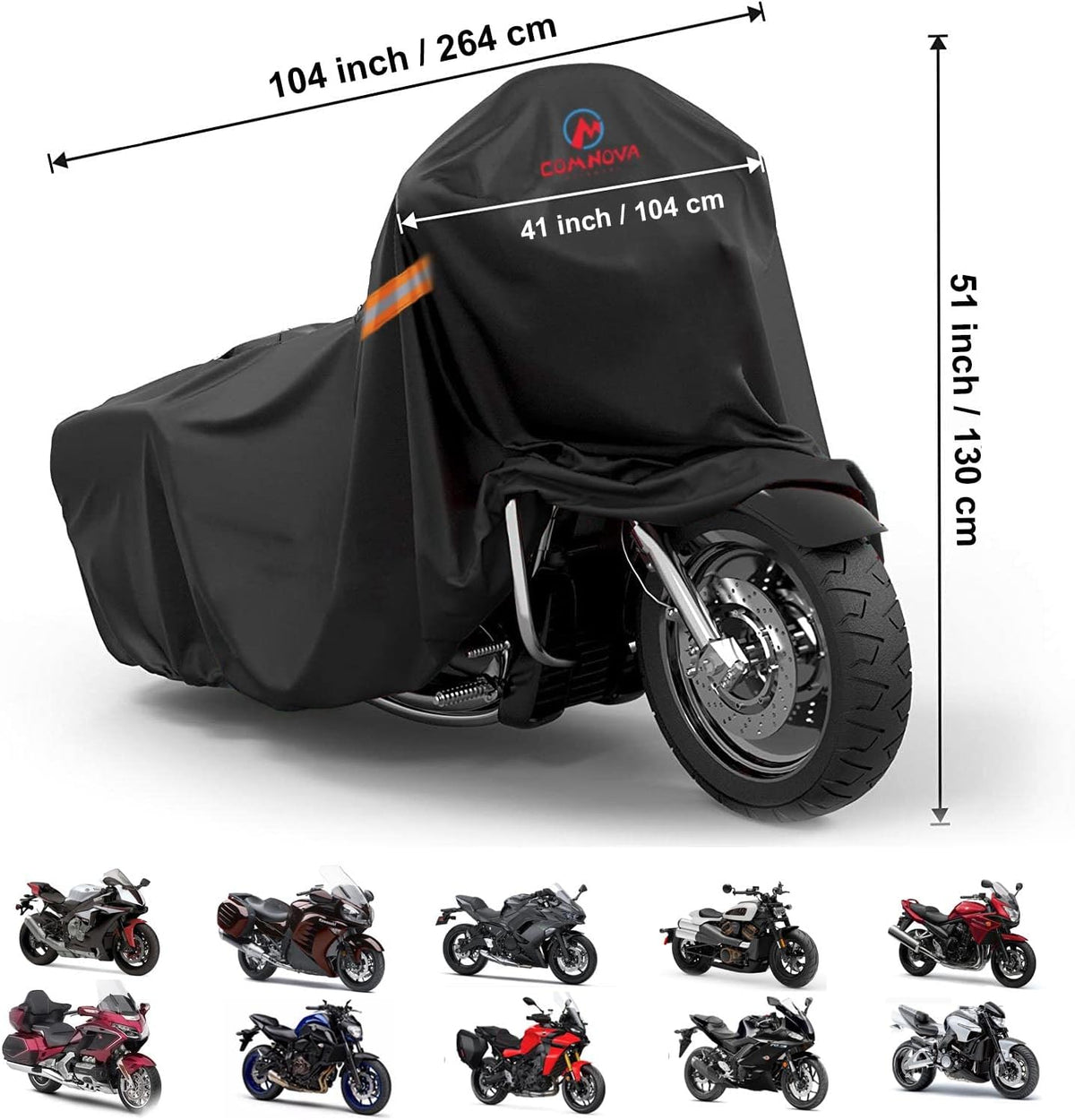 Comnova Motorcycle Cover 104 Inch, 600D Universal Motorcycles Cover Waterproof with Lock-Holes All Season, Large Motorbike Vehicle Scooter Cover for Harley Davidson, Honda, Suzuki, Kawasaki, Yamaha