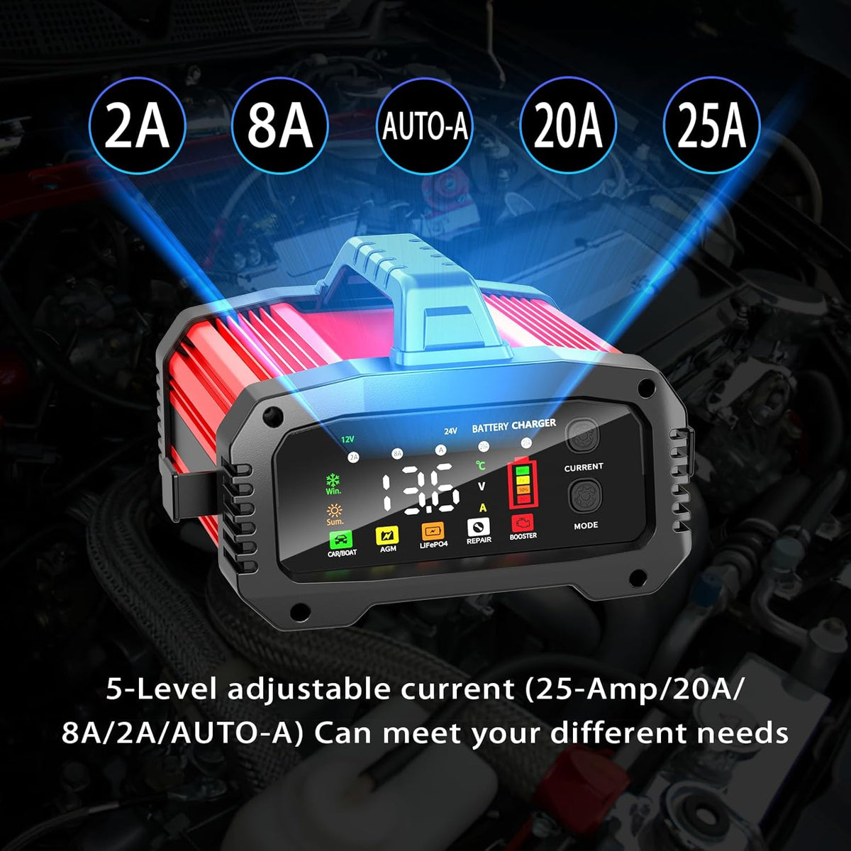 YONHAN 25A Battery Charger & Maintainer,12V/24V All-in-One Charger for LiFePO4, Lead Acid, AGM, Lithium, Marine, Boat, and Deep Cycle Batteries,5-Level Adjustable Current, Booster Mode,Trickle Charge