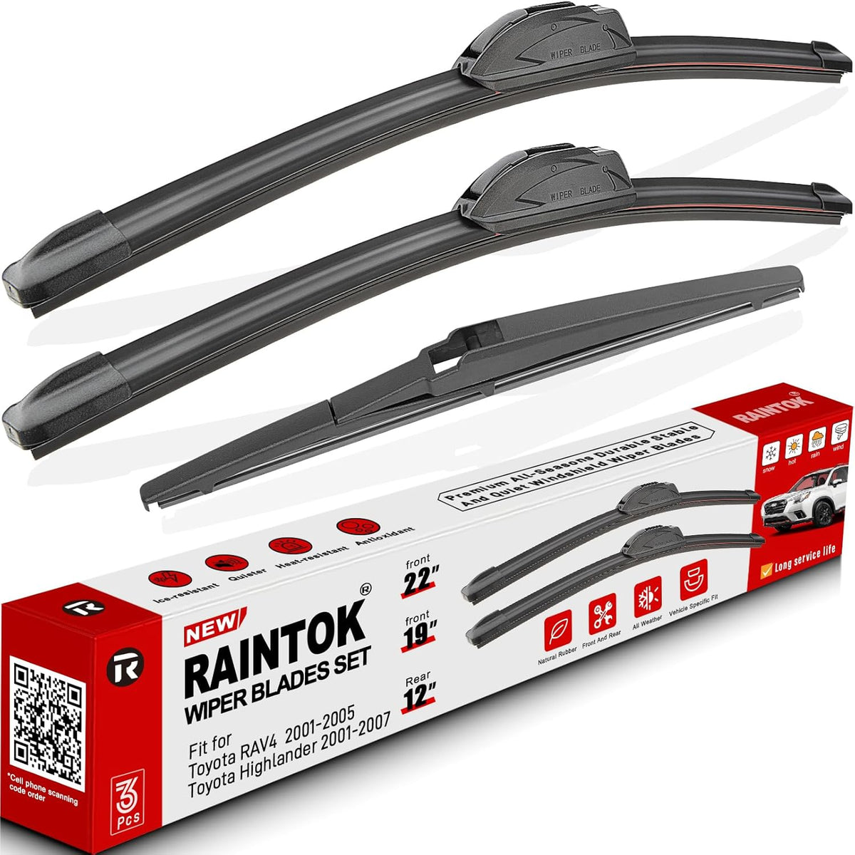 Windshield Wiper Blades Replacement for Toyota Highlander 2001-2007 / Toyota RAV4 2001-2005 Original Factory Quality Front Rear Wipers Blade Set for My Car - 22" 19" 12" (Pack of 3)
