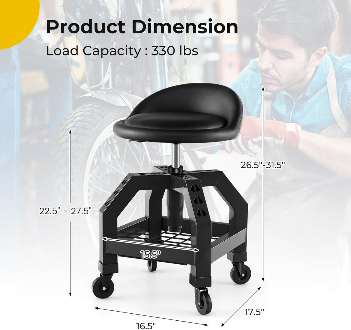 S AFSTAR Shop Stool with Wheels, Height Adjustable Garage Stool with 4 Universal Wheels & Tool Tray, 330 LBS Capacity, Heavy Duty Creeper Chair Seat Rolling Mechanic Stool for Garage Workshop (Black)